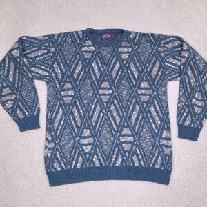 Vintage Pine State Sweater‎ Mens Tall Large Blue Diamond Knit Cosby Made in USA